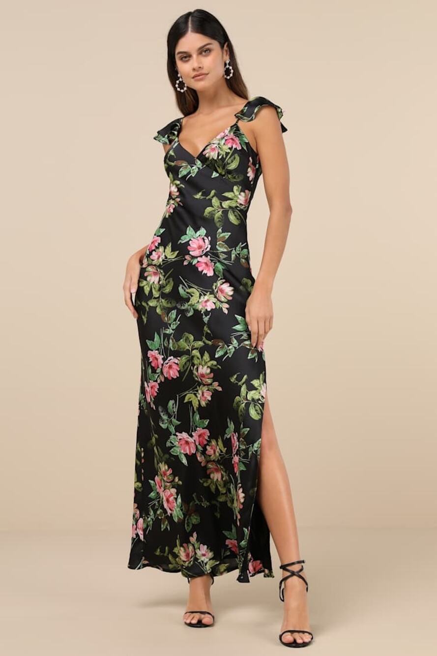 NWT Lulus Captivating Grace Black Floral Satin Ruffled Maxi Dress Cruise Gala S